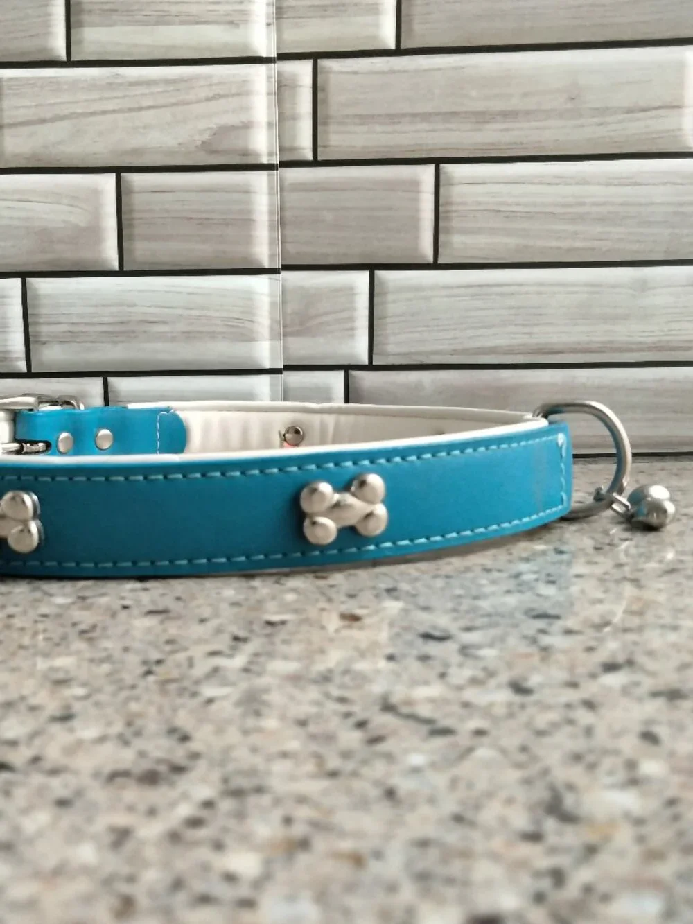 Blue, White & Chrome Leather Dog Collar 26
